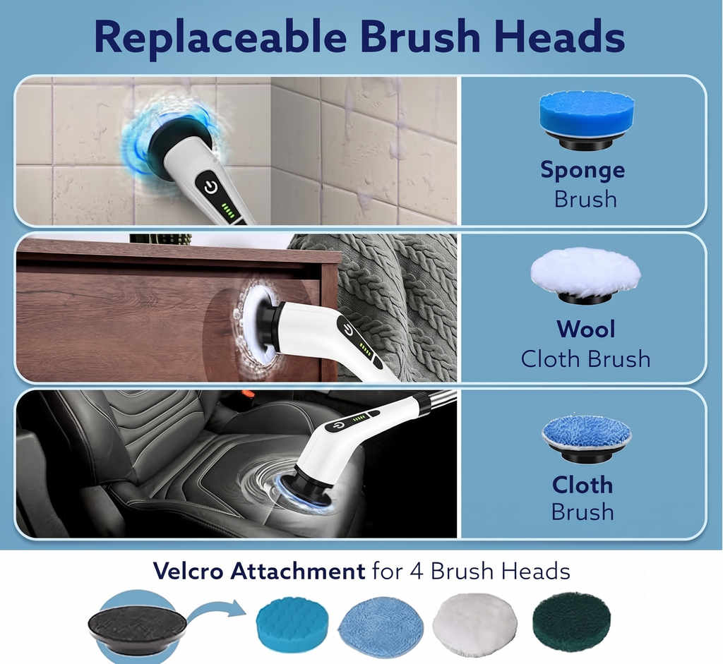 Electric Spin Scrubber Pro™ – Cordless Multi-Purpose Cleaning Brush with 8 Brush Heads & Adjustable Extension Handle