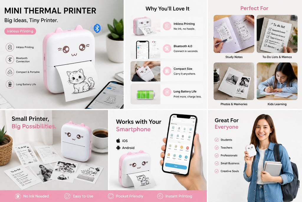Mini Bluetooth Thermal Printer – Portable, Ink-Free, For Android & iOS